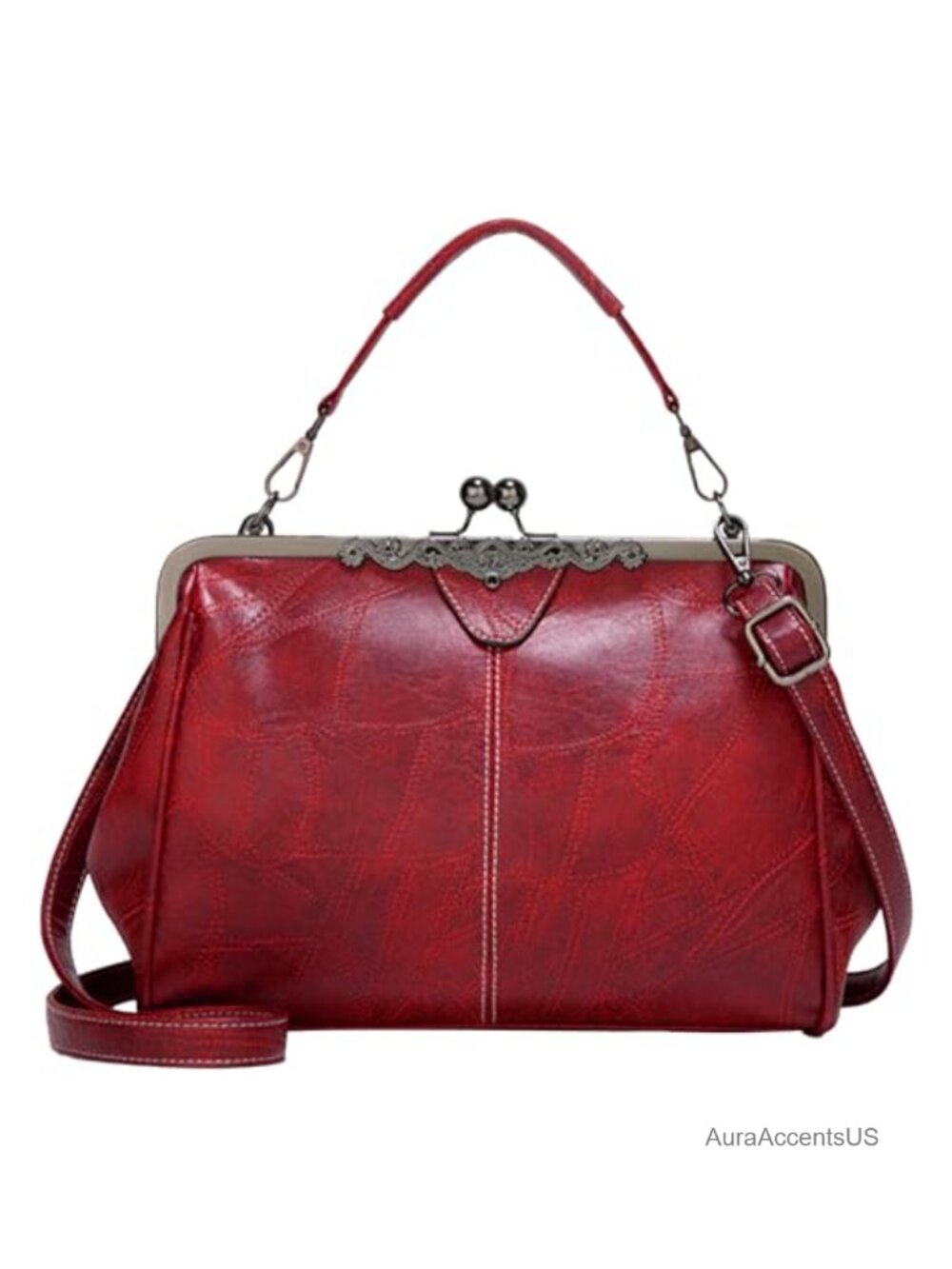 Vintage Kiss Lock Satchel Crossbody Purse Faux Leather Women Handbag